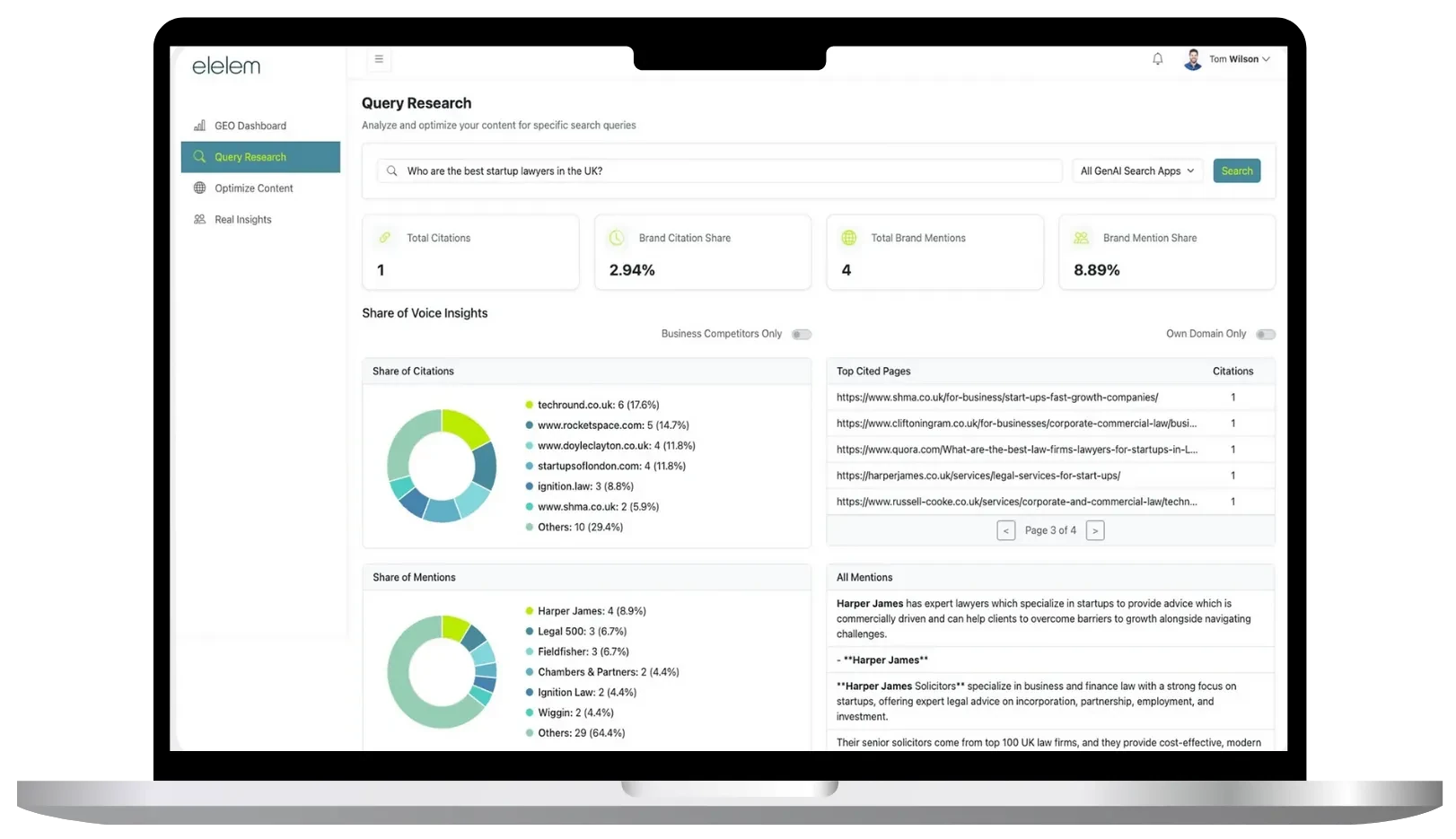 A laptop screen displays an analytics dashboard with charts, statistics, and text data related to query research and share of voice insights.